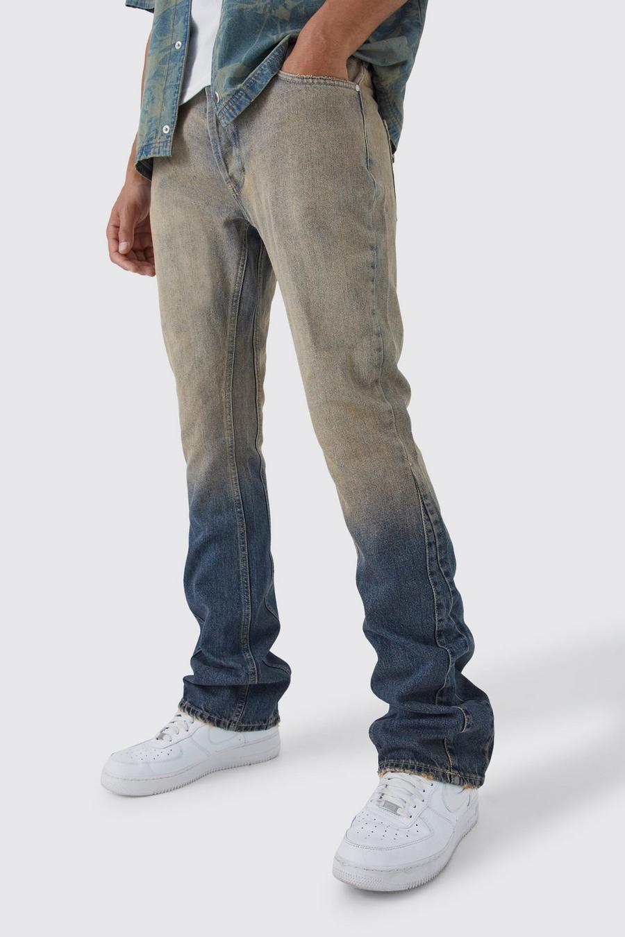 Jeans Tall Slim Fit in denim rigido sfumato a zampa con inserti, Mid blue image number 1