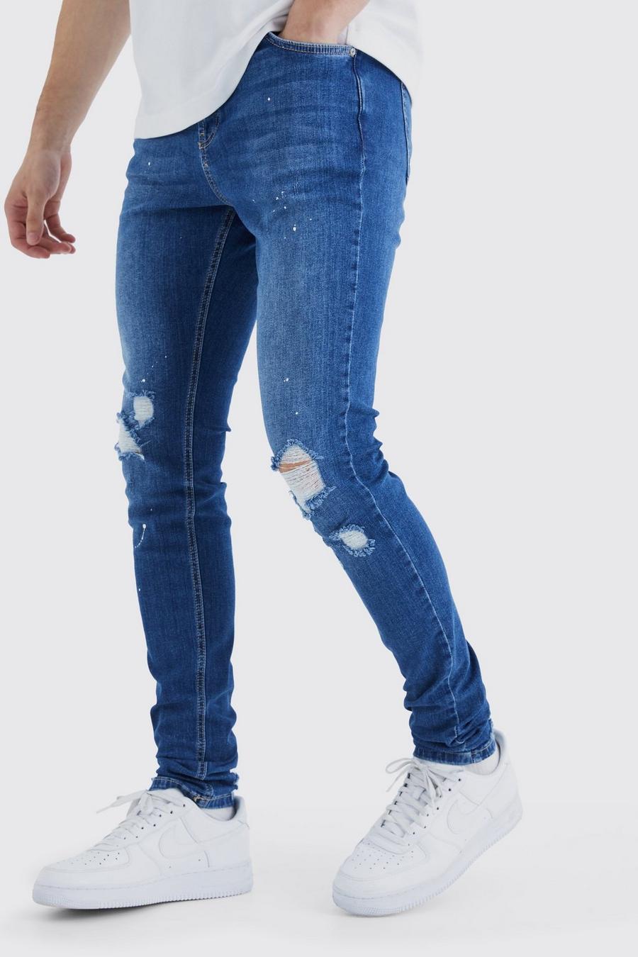 Mid blue Tall  Skinny Stretch Ripped Knee Paint Splatter Jean