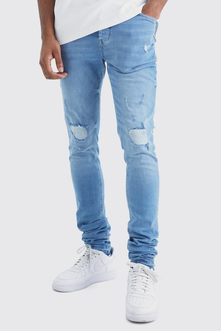 Light blue Tall  Skinny Stacked Distressed Ripped Let Down Hem Jean image number 1