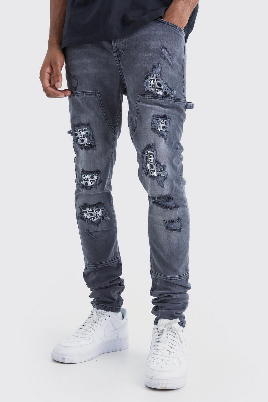 Jeans Carpenter Tall Skinny Fit Stretch con strappi & rattoppi, Charcoal