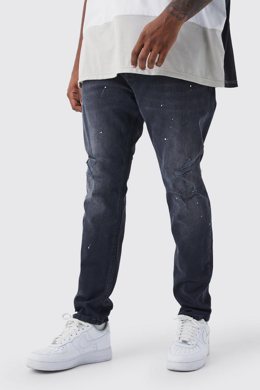 Washed black Plus Skinny Stretch Ripped Knee Paint Splatter Jean