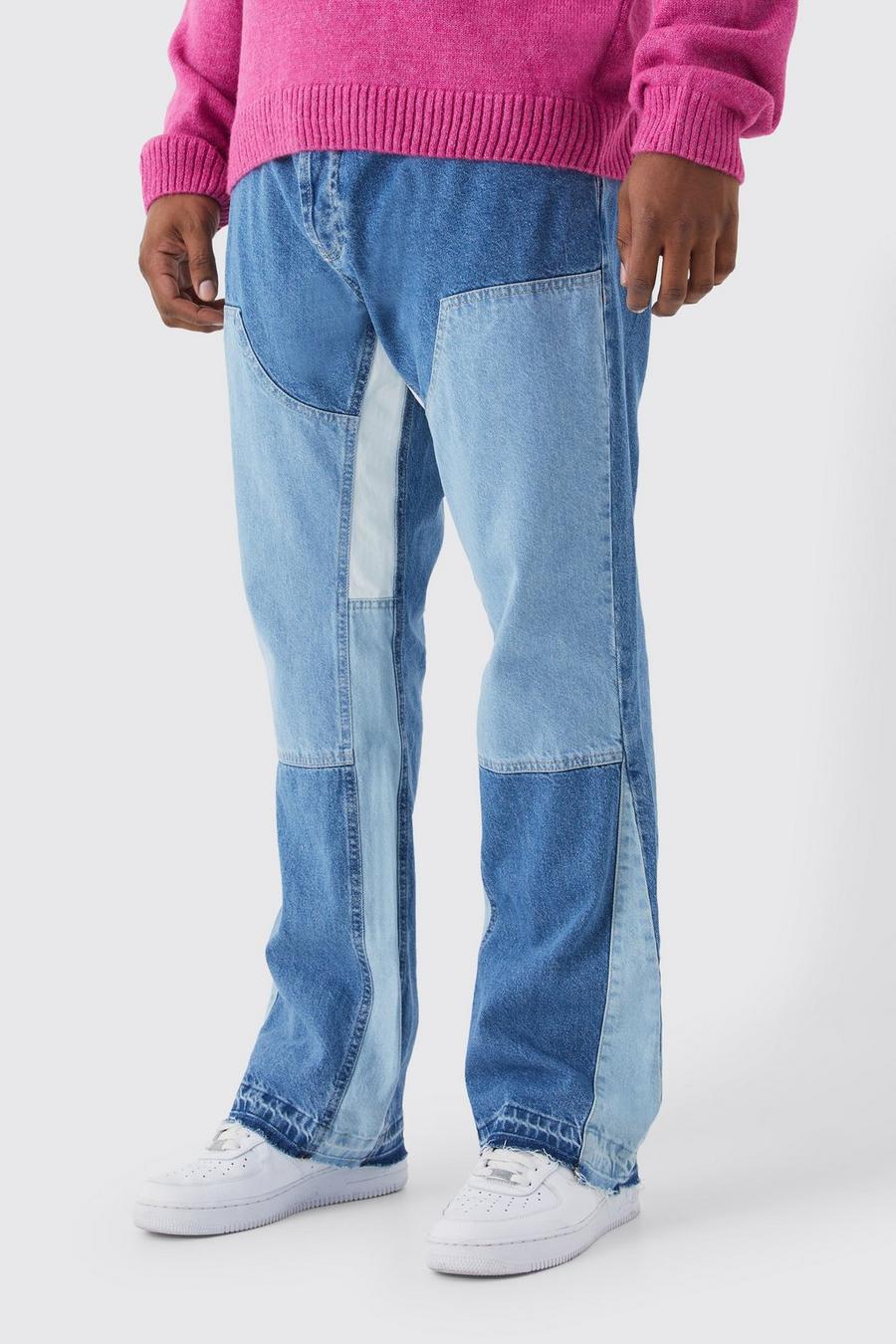 Jeans Plus Size Slim Fit in denim rigido a zampa con inserti stile Carpenter a contrasto, Light blue