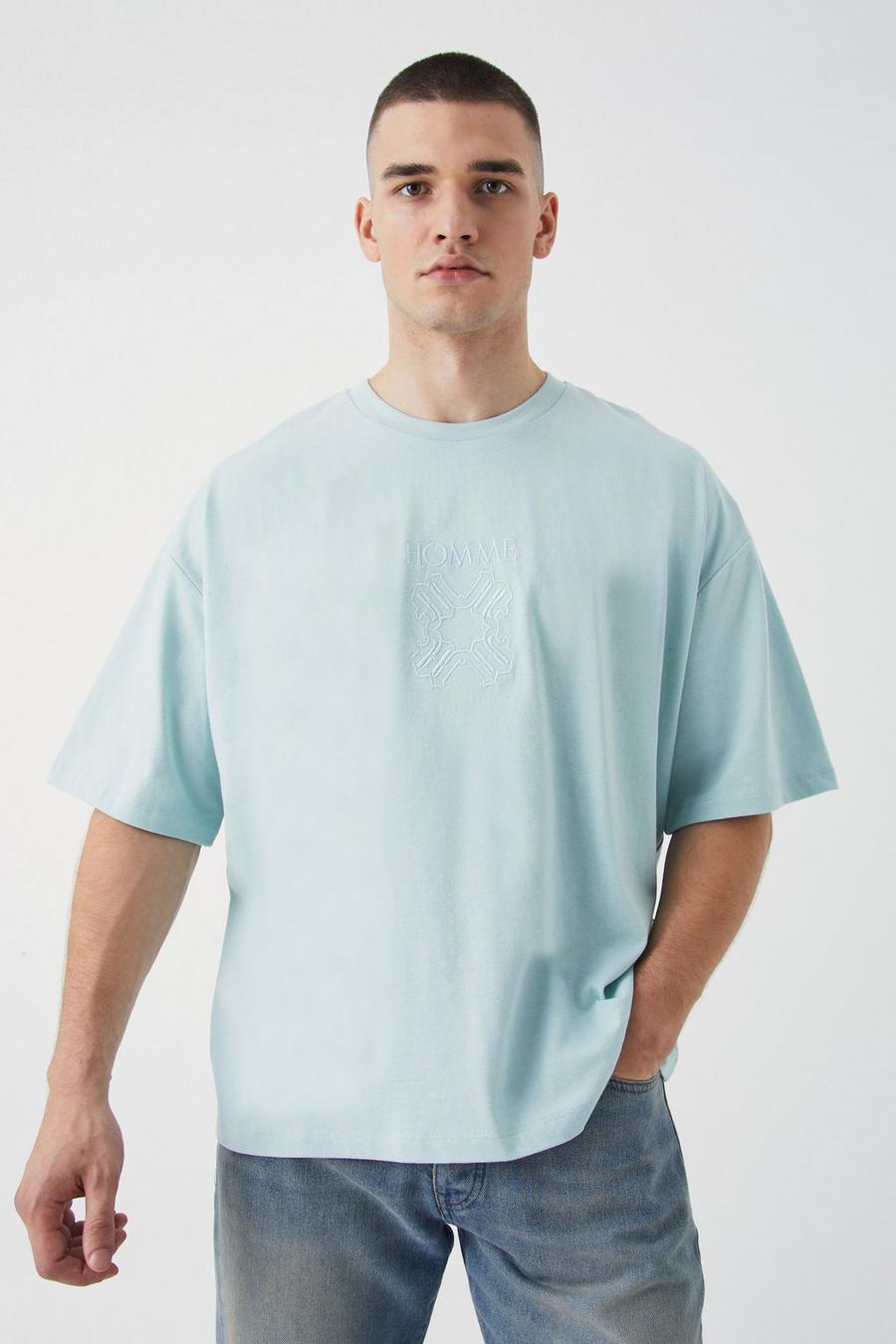 Sage green Tall Geborduurd Boxy Homme T-Shirt
