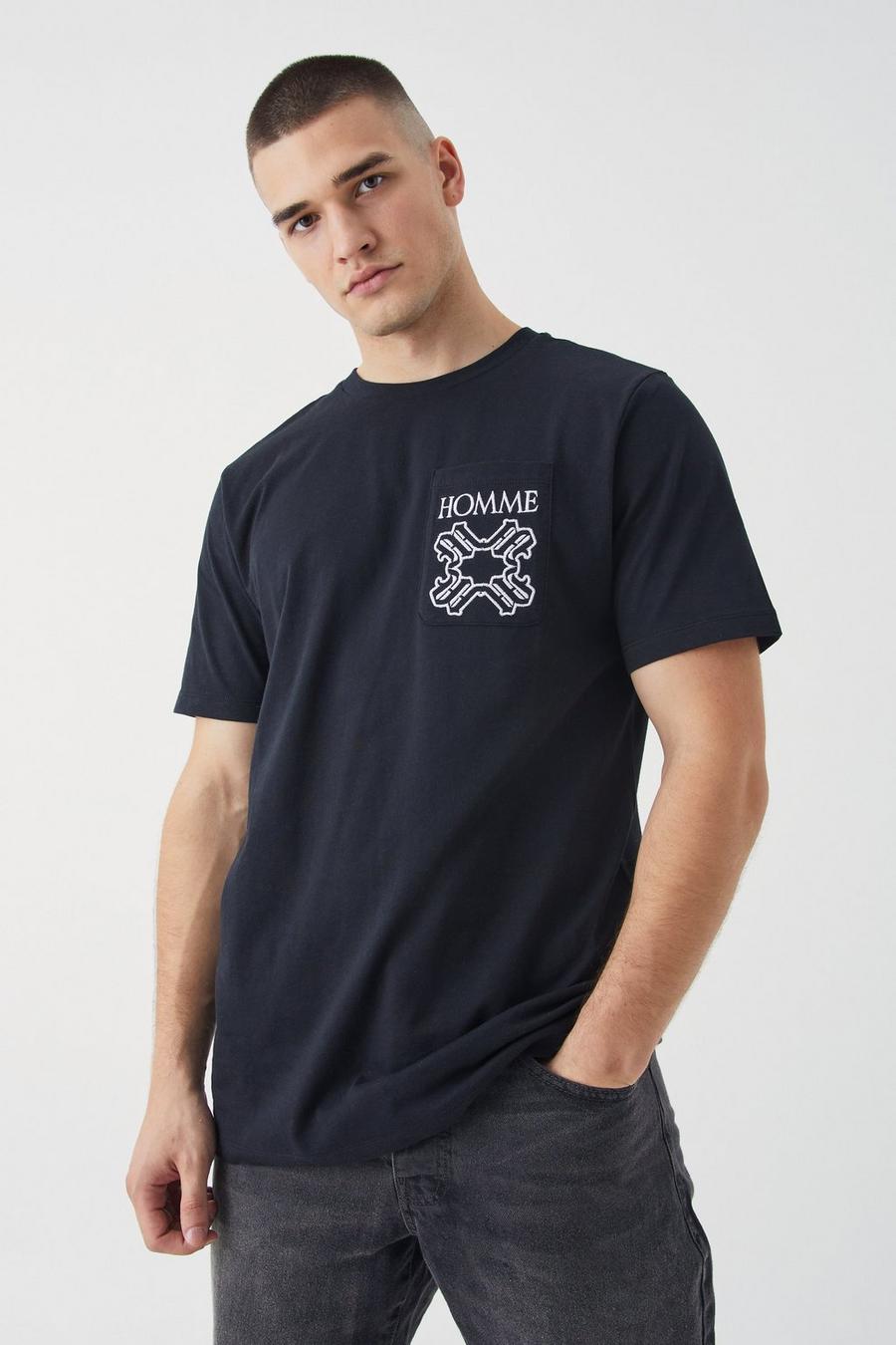Tall Slim-Fit T-Shirt mit Homme-Stickerei, Black image number 1