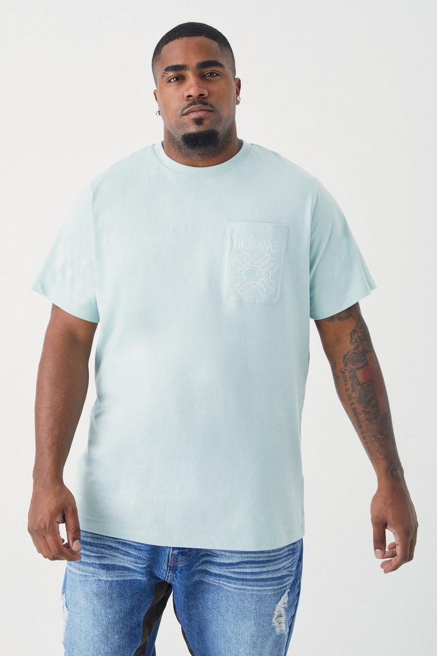 T-shirt Plus Size Slim Fit Homme con ricami e tasche, Sage gerde