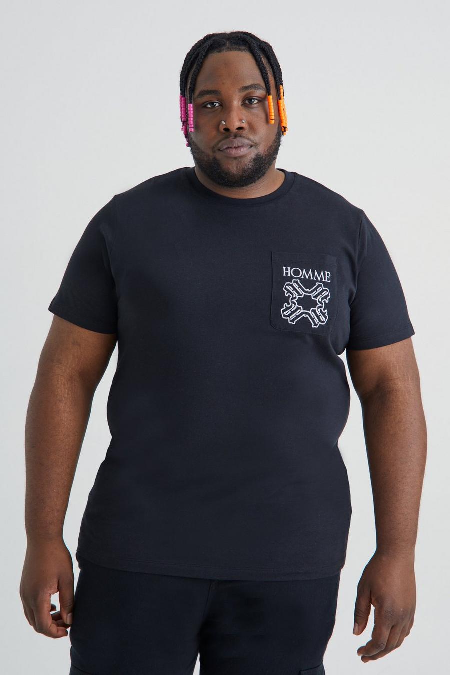 T-shirt Plus Size Slim Fit Homme con ricami e tasche, Black negro