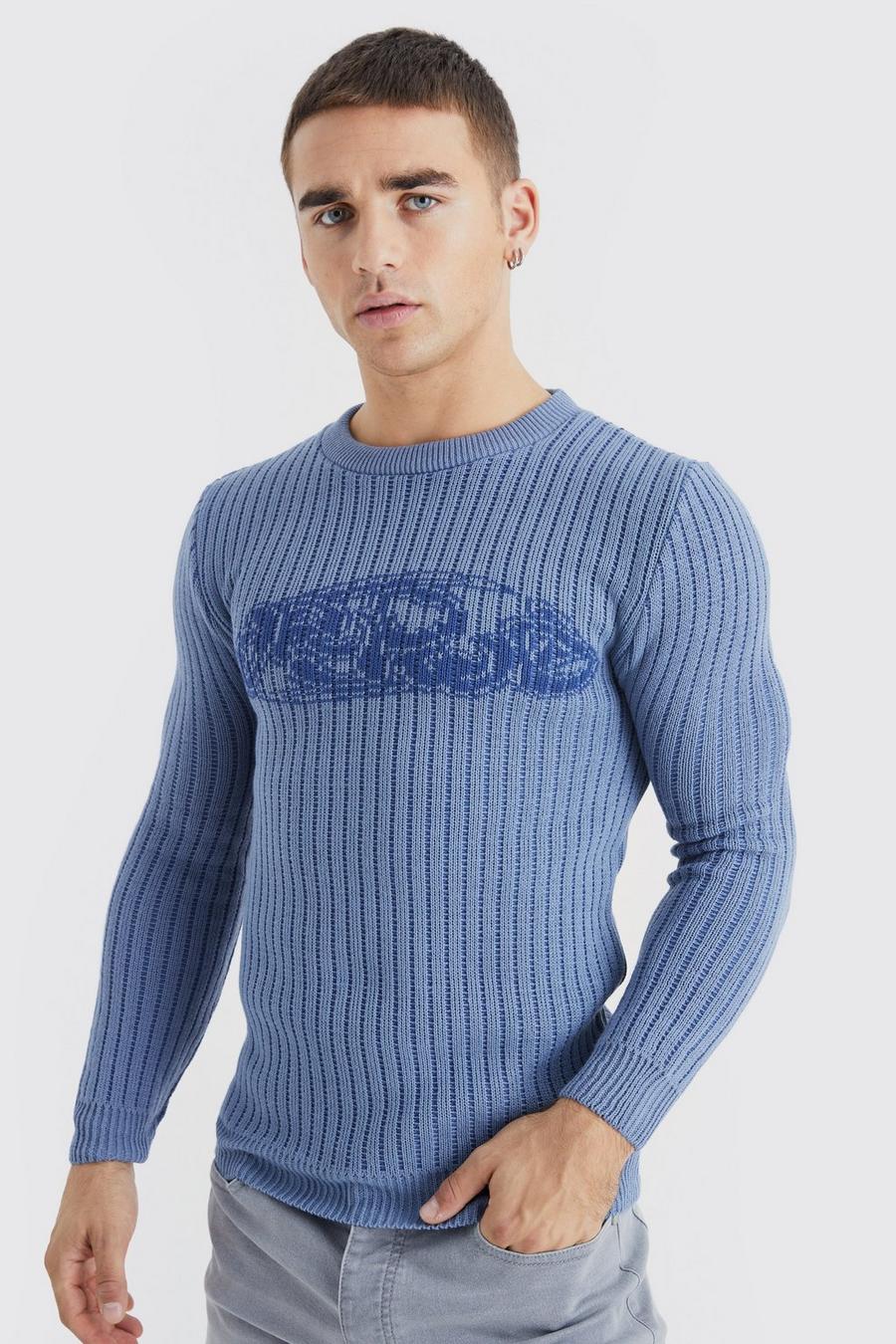 Blue Muscle Fit 2 Tone Rib Worldwide Jumper image number 1