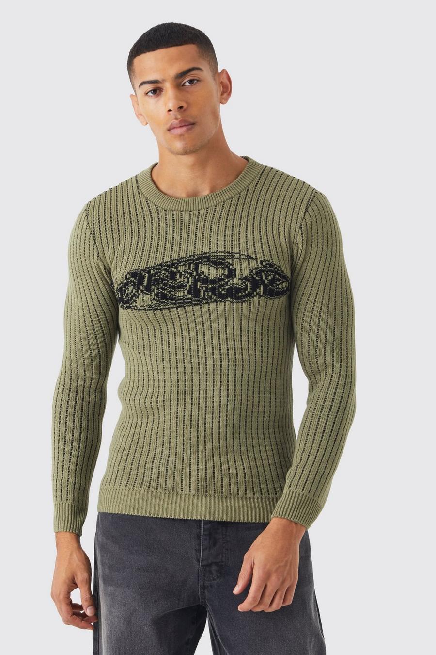 Zweifarbiger gerippter Muscle-Fit Worldwide Pullover, Khaki image number 1