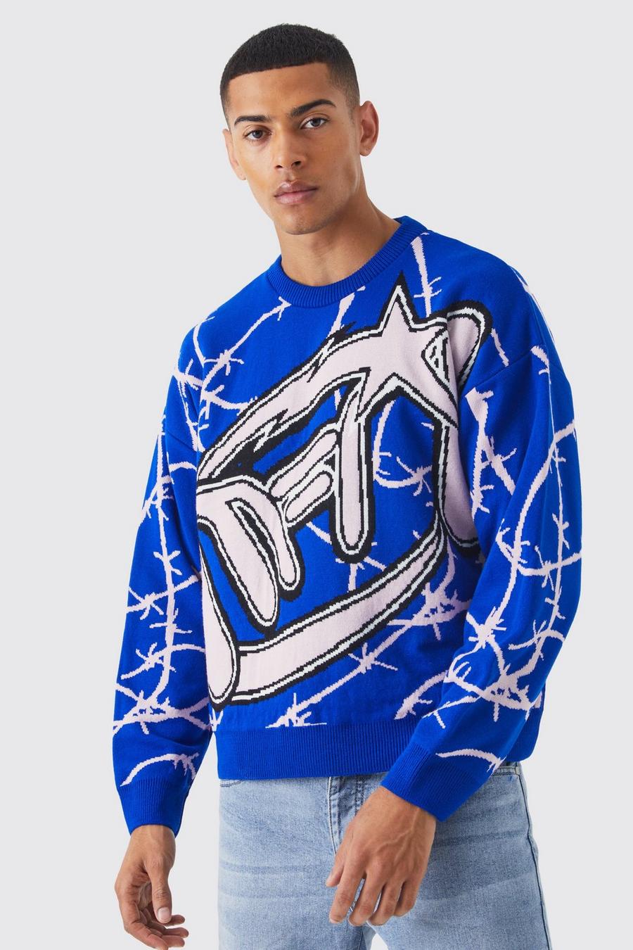 Blue Oversized Boxy Barbwire Print Knitted Jumper image number 1