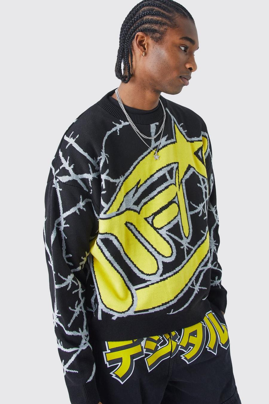 Maglione squadrato oversize in maglia con stampa di filo spinato, Black image number 1