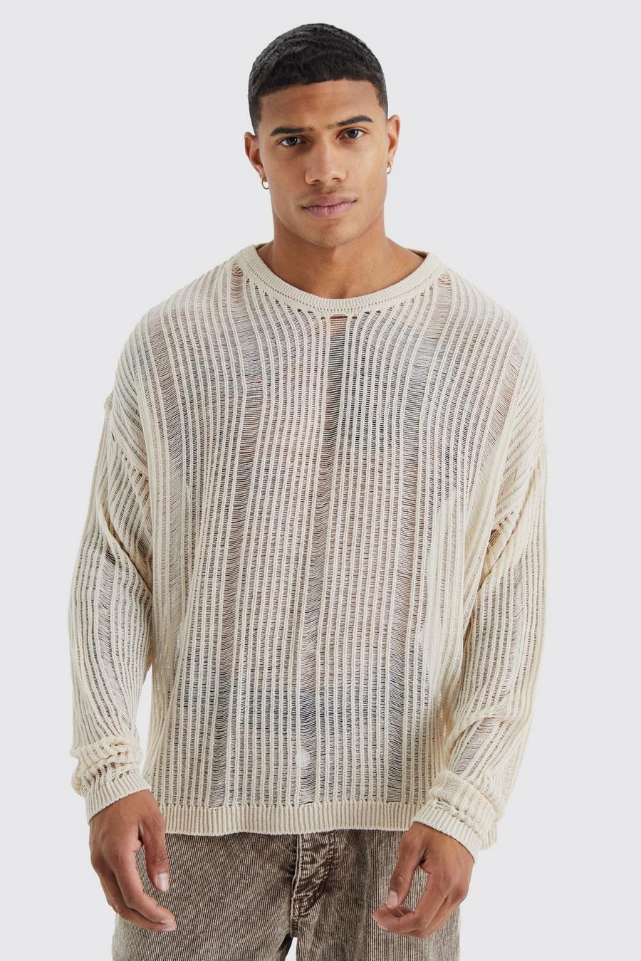 Stone Oversized Boxy Open Knit Laddered Jumper