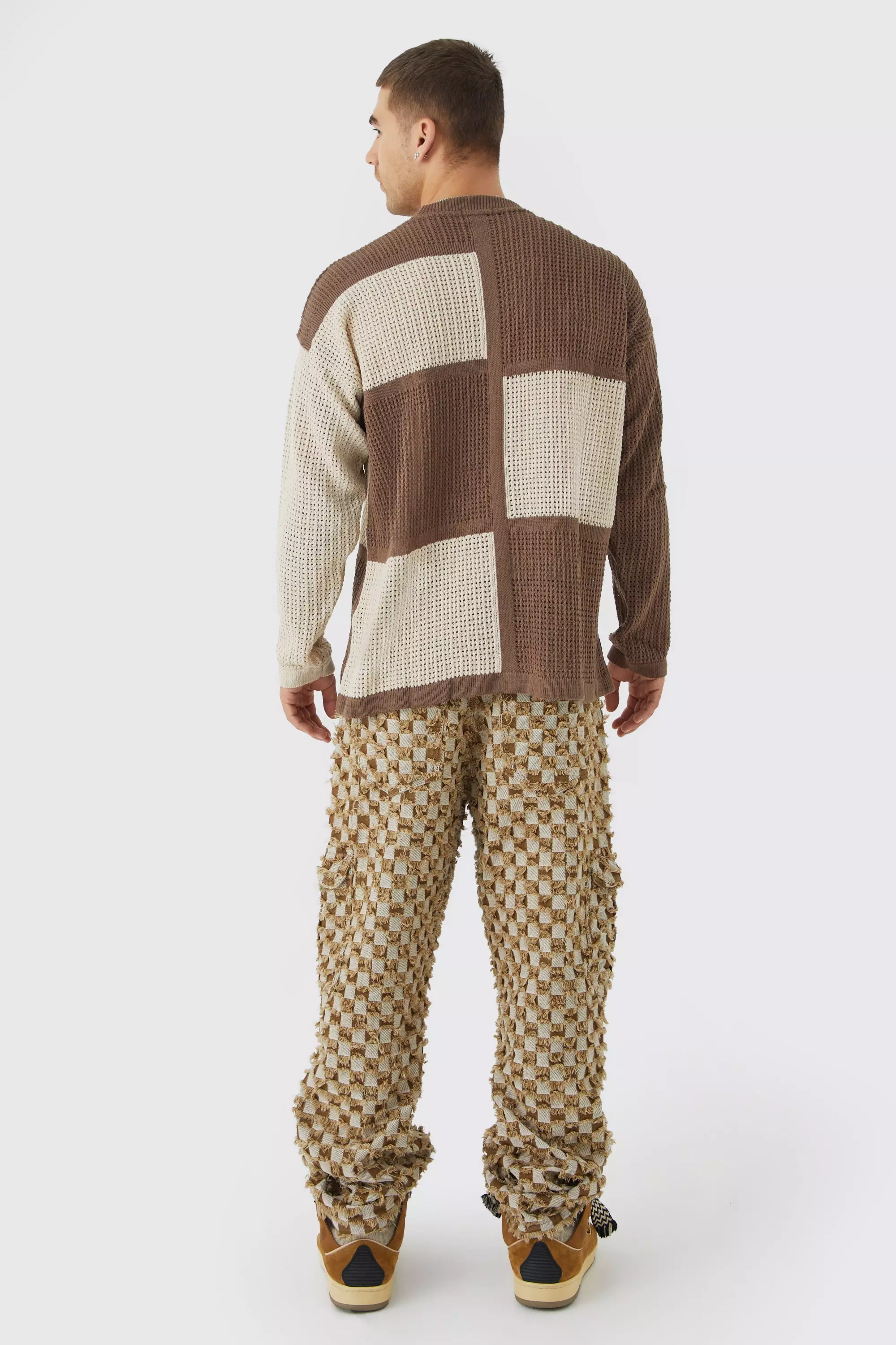 Brown Oversized Open Knit Colour Block Jumper alternative image