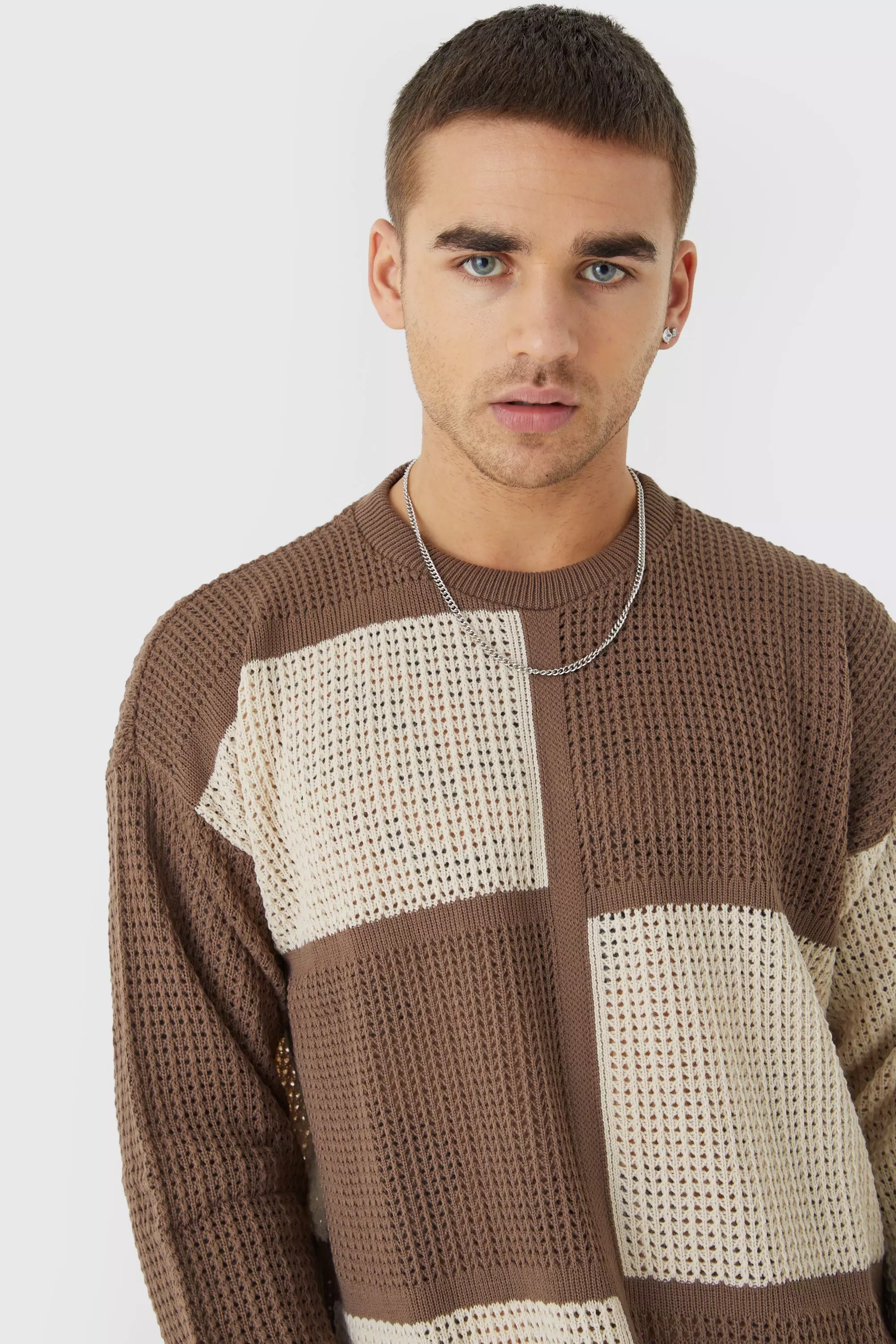 Brown Oversized Open Knit Colour Block Jumper alternative image