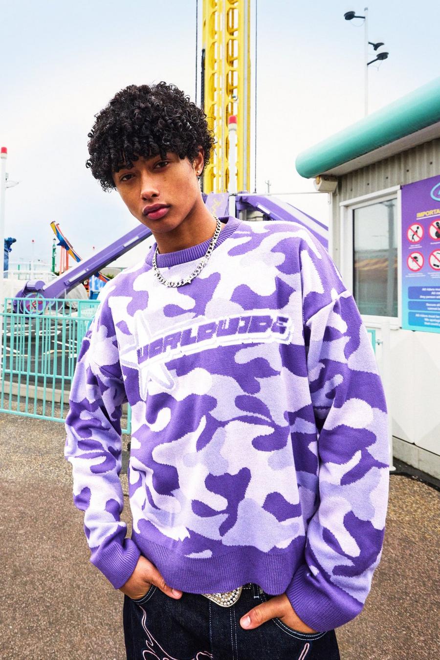 Purple Boxy Oversized Camo Print Knitted Jumper image number 1