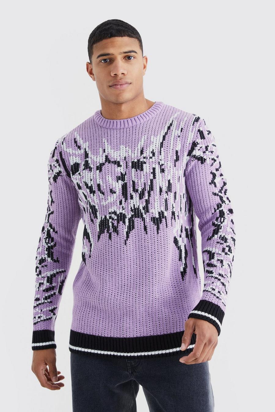 Gerippter Pullover mit Gothic-Print, Purple image number 1