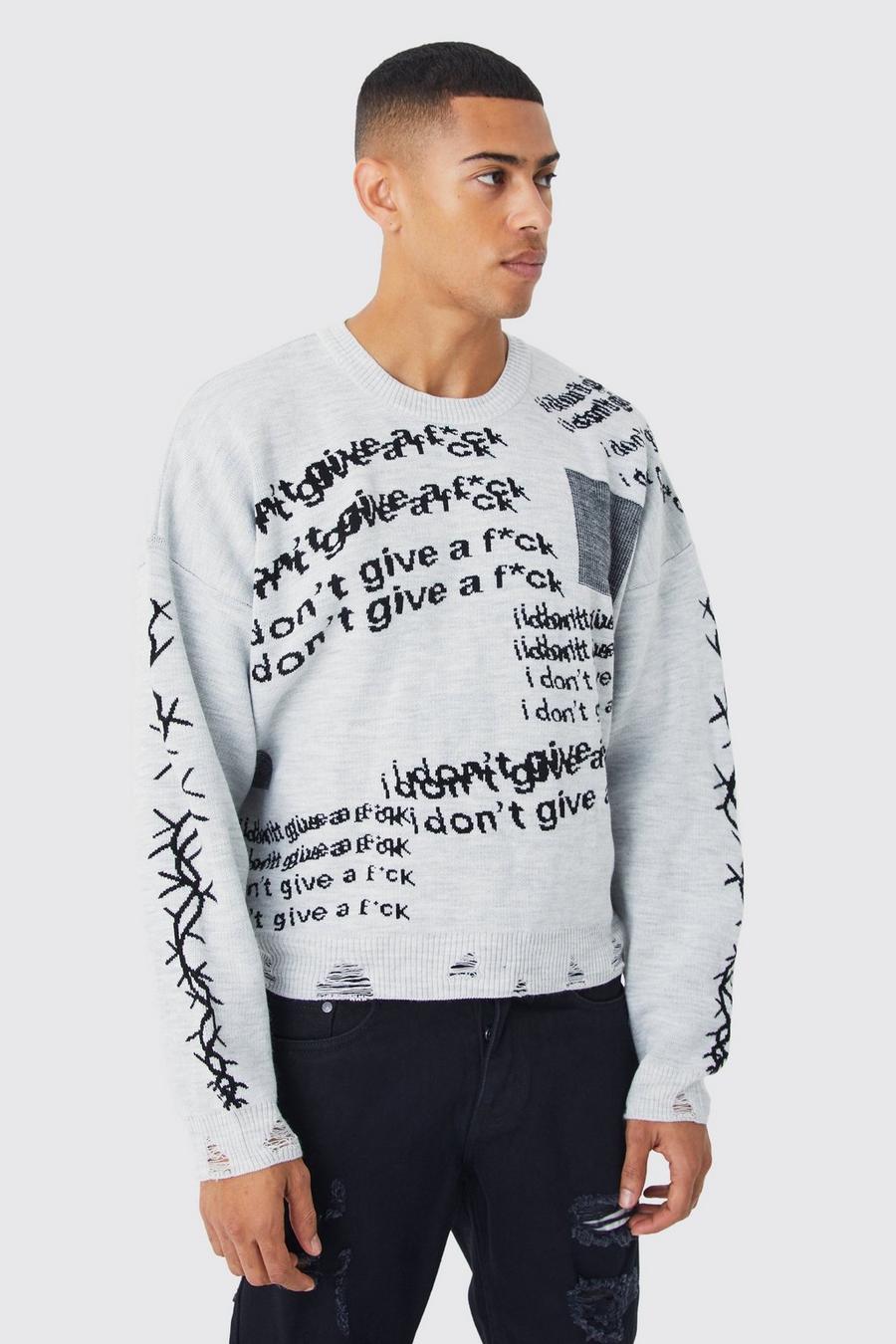 Grey Oversized Boxy Printed Distressed Jumper image number 1