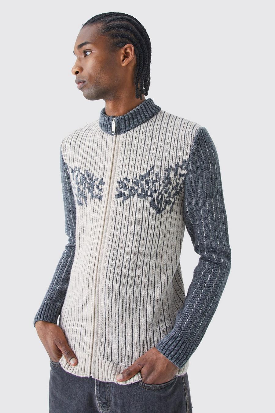Stone beige Muscle Fit 2 Tone Rib Extended Neck Jumper
