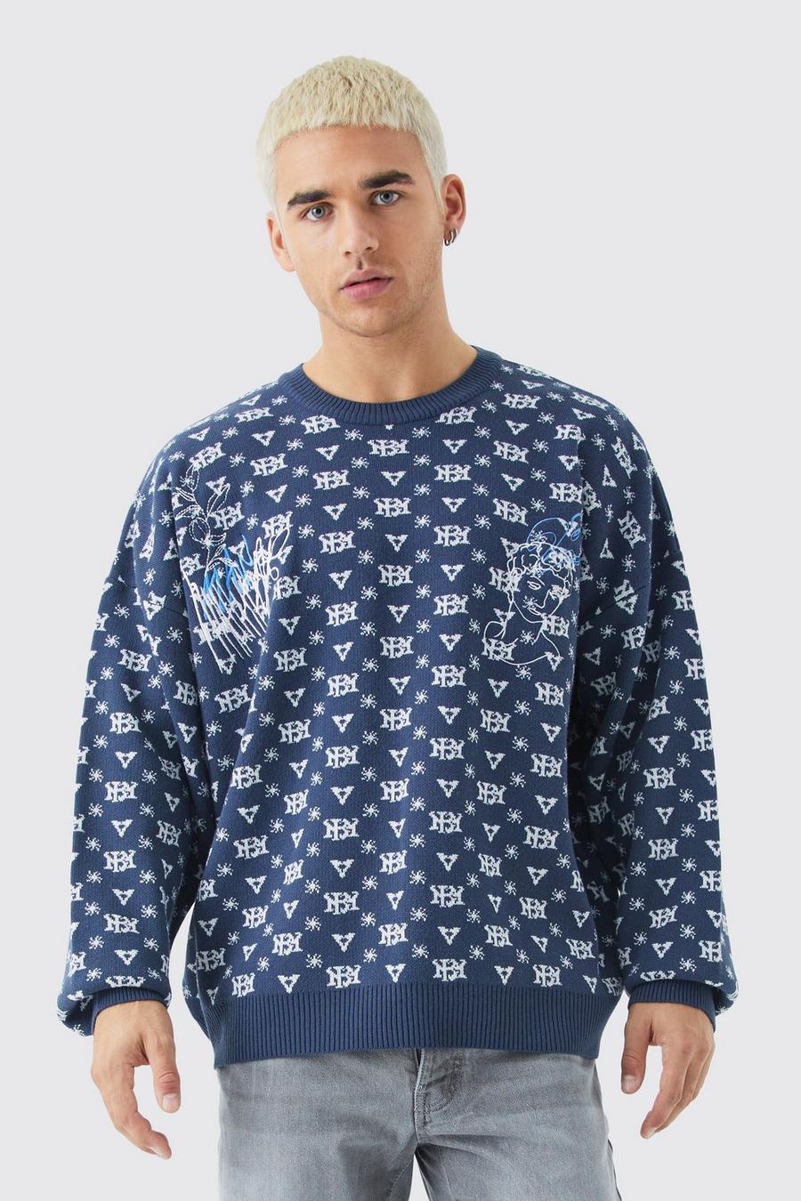 Oversize Strick-Pullover mit Print, Blue