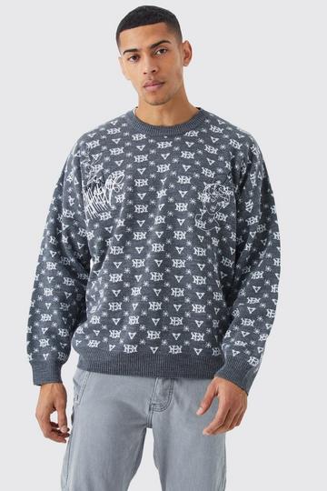 Oversized All Over Print Knit Jumper grey