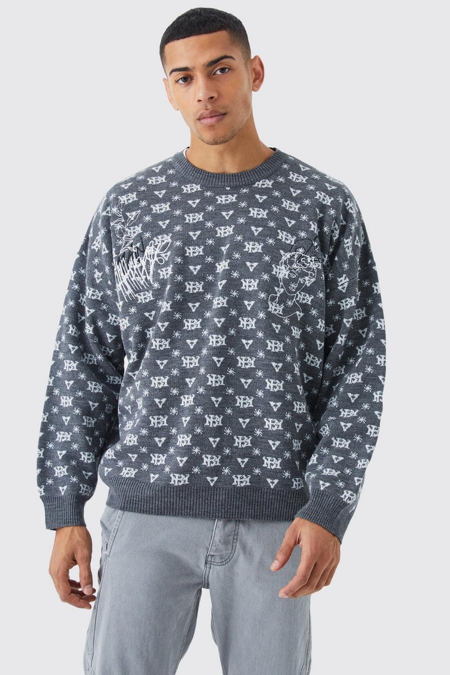 Oversize Strick-Pullover mit Print, Grey image number 1
