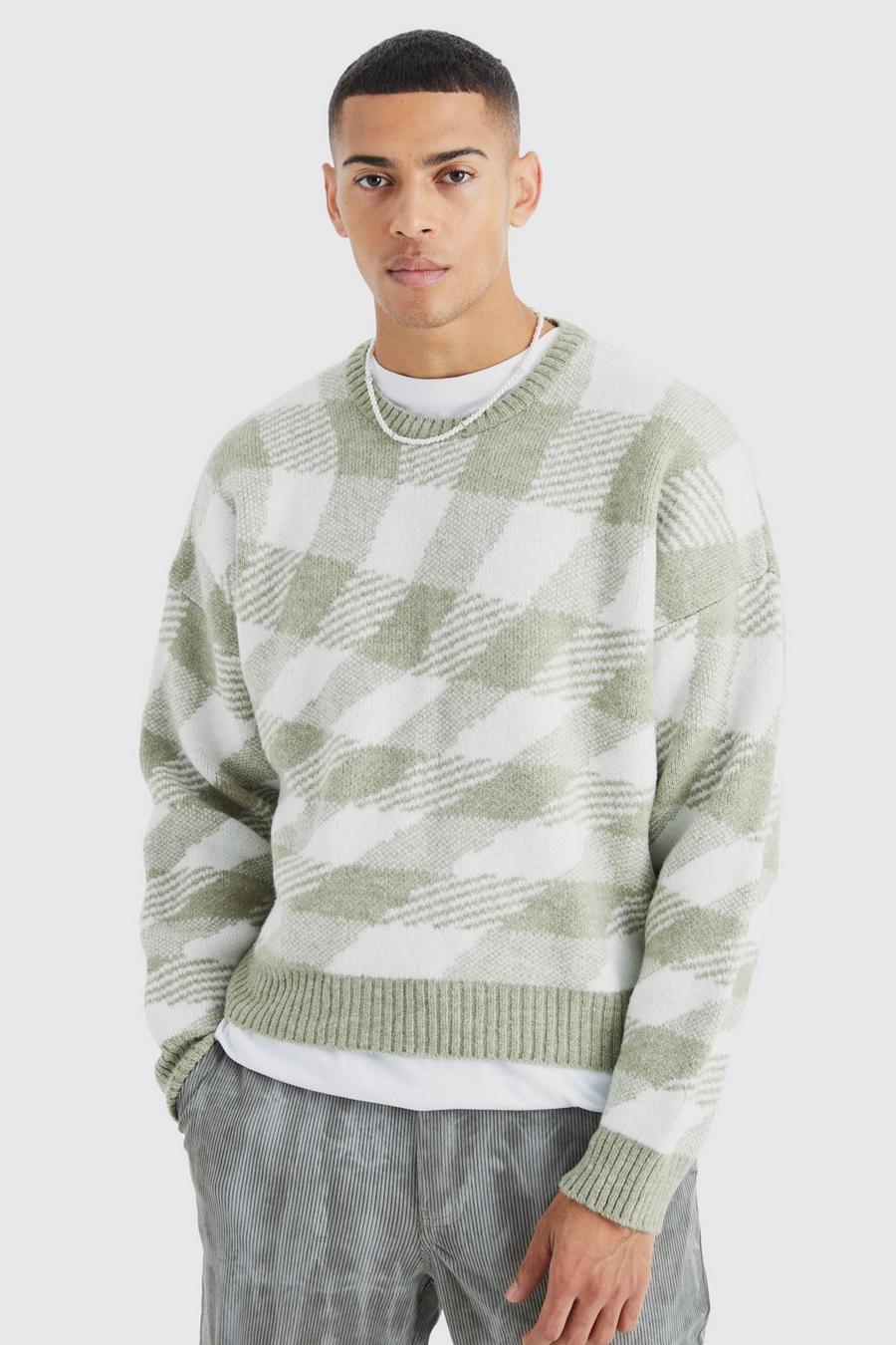 Green Oversized Boxy Brushed Checked Knit Jumper