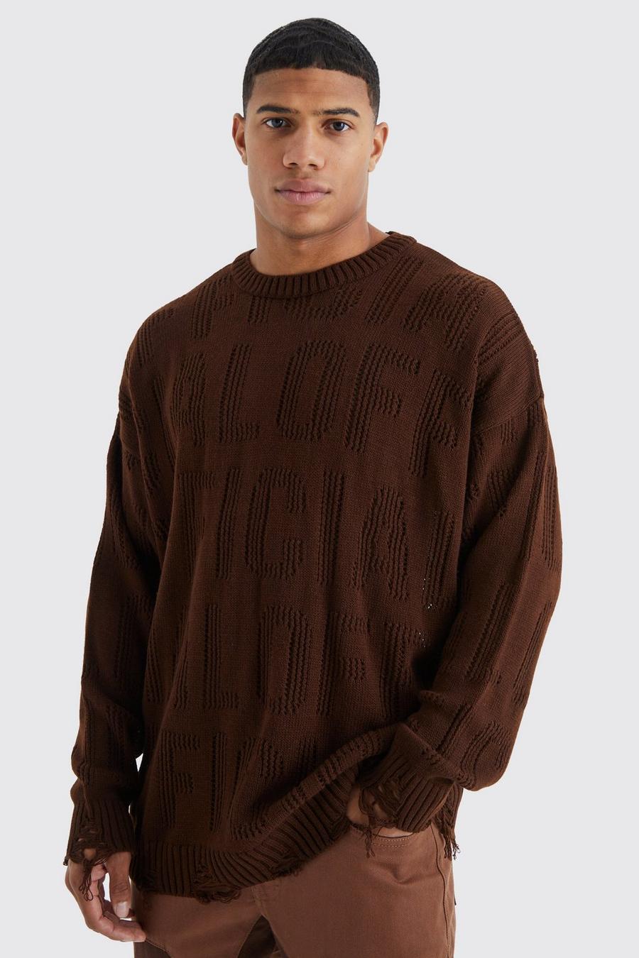 Brown Oversized Official Open Knit Distressed Jumper image number 1