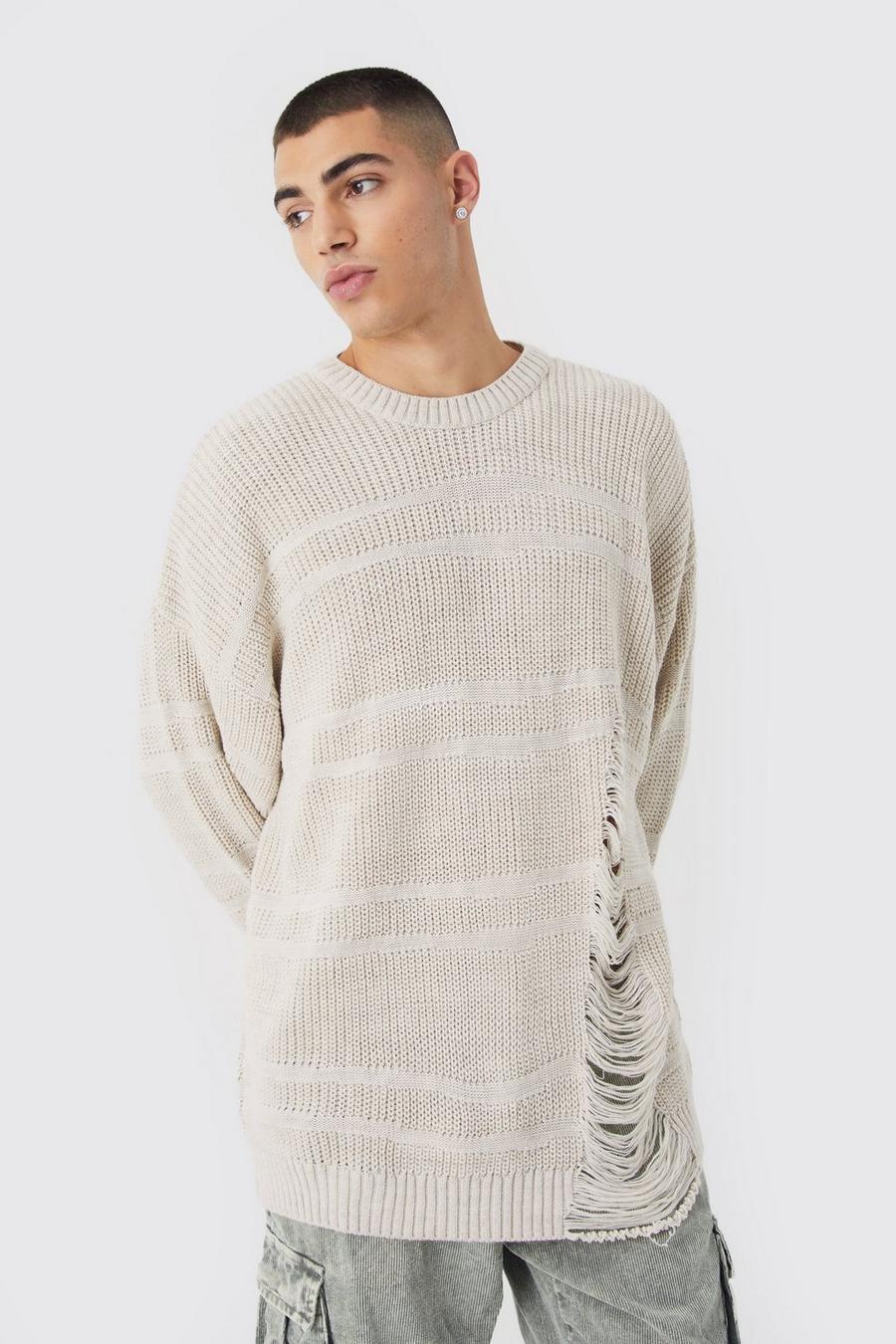 Stone Oversized Distressed 2 Tone Knit Jumper image number 1