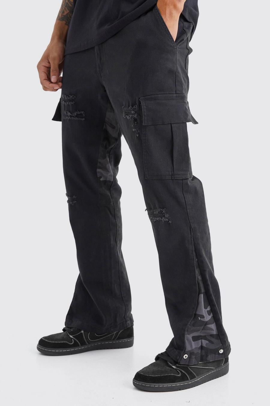 Black Slim Stacked Flare Camo Gusset Rip And Repair Pants image number 1