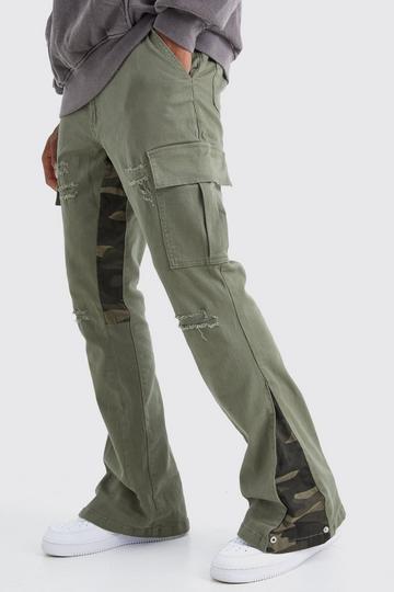 Khaki Slim Stacked Flare Camo Gusset Rip And Repair Pants