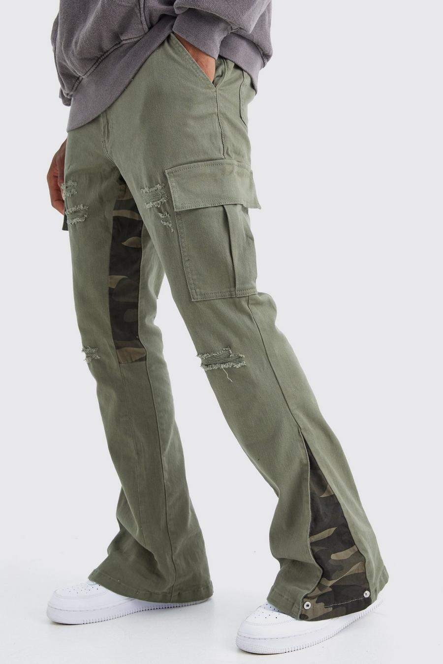 Khaki Slim Stacked Flare Camo Gusset Rip And Repair Trouser