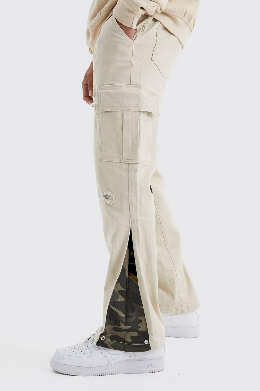 Pantalon droit déchiré et réparé à imprimé camouflage, Stone image number 1