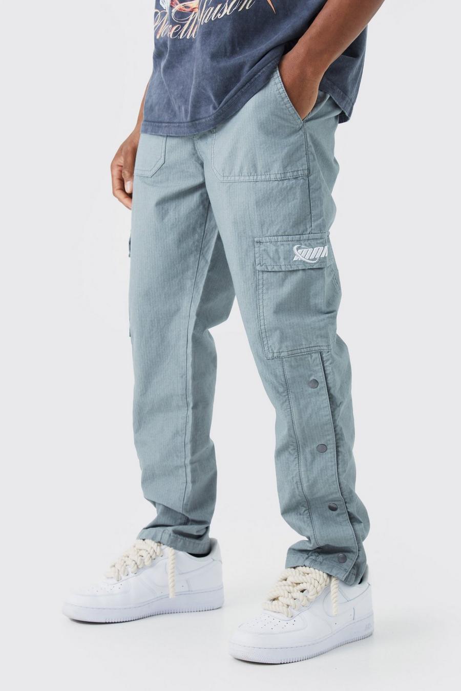 Pantaloni dritti stile Cargo in nylon ripstop con bottoni a pressione sul fondo, Slate