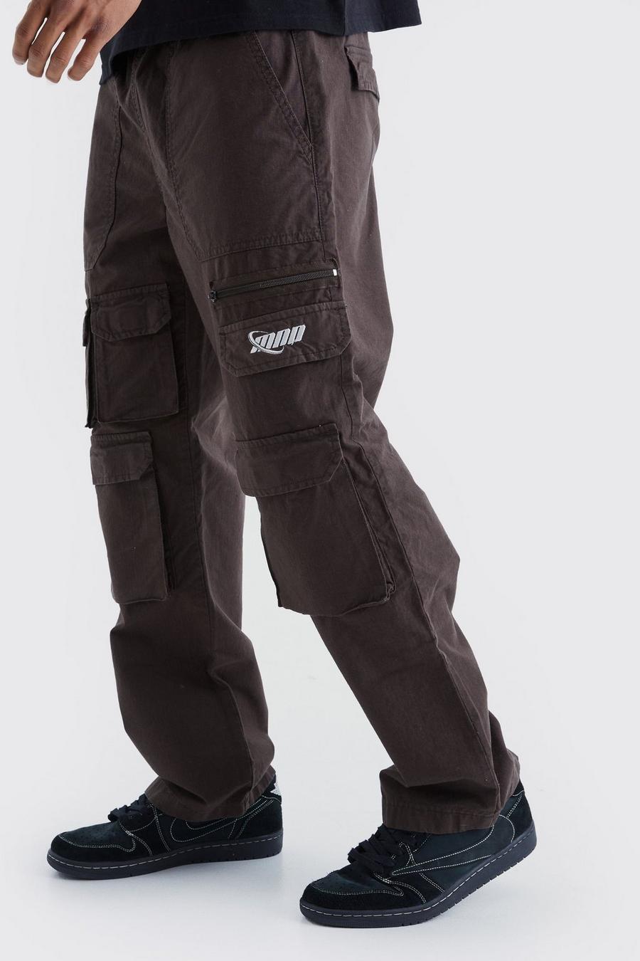 Pantaloni Cargo rilassati in nylon ripstop con ricami tono su tono, Chocolate