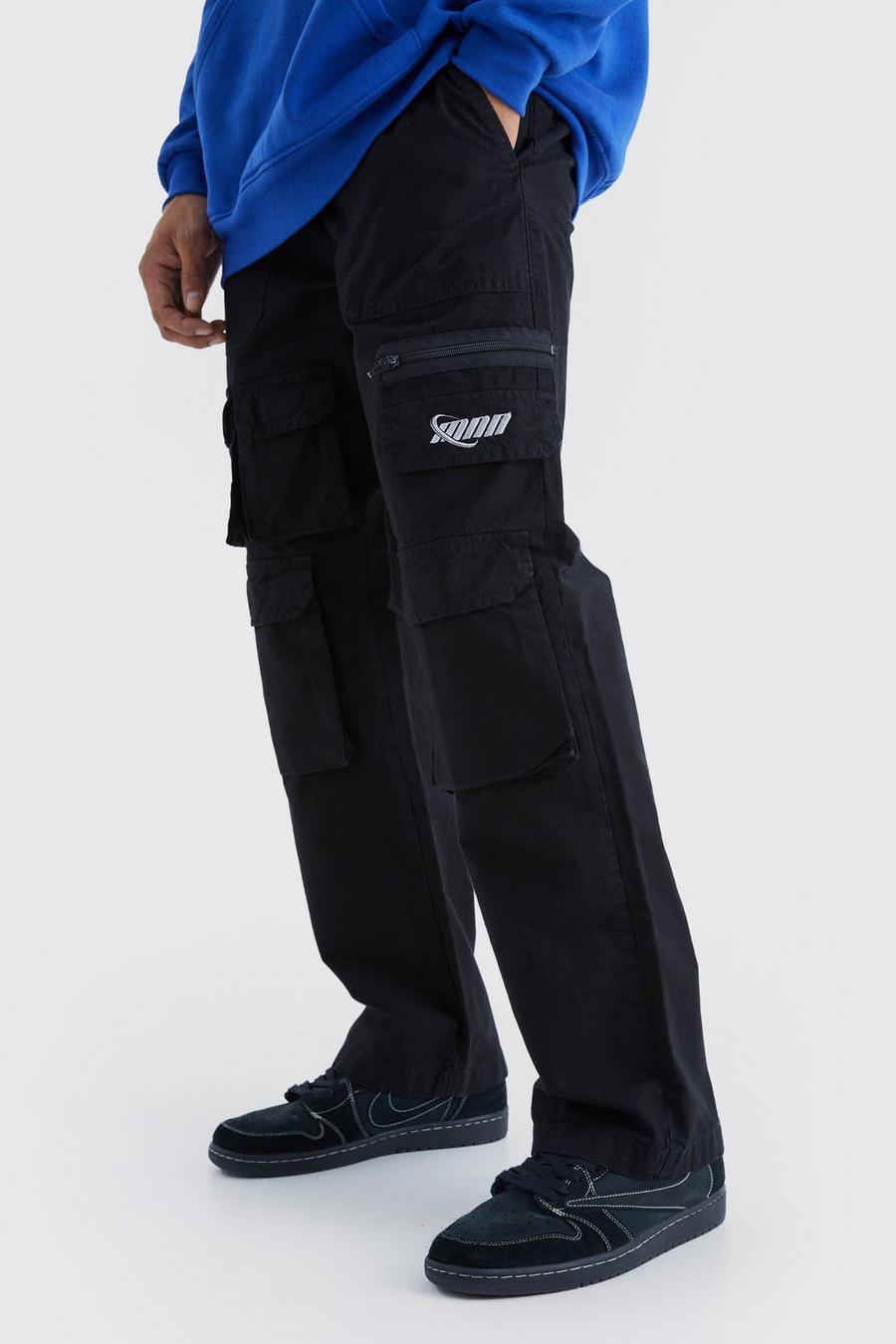 Pantalón cargo holgado con costuras antidesgarros y bordado, Black image number 1