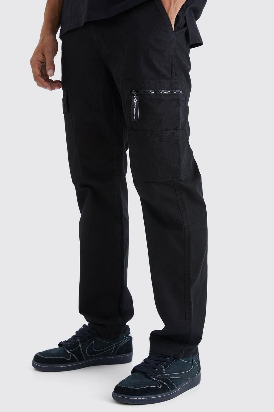 Pantalón cargo de pernera recta con tirador de cremallera y marca, Black image number 1