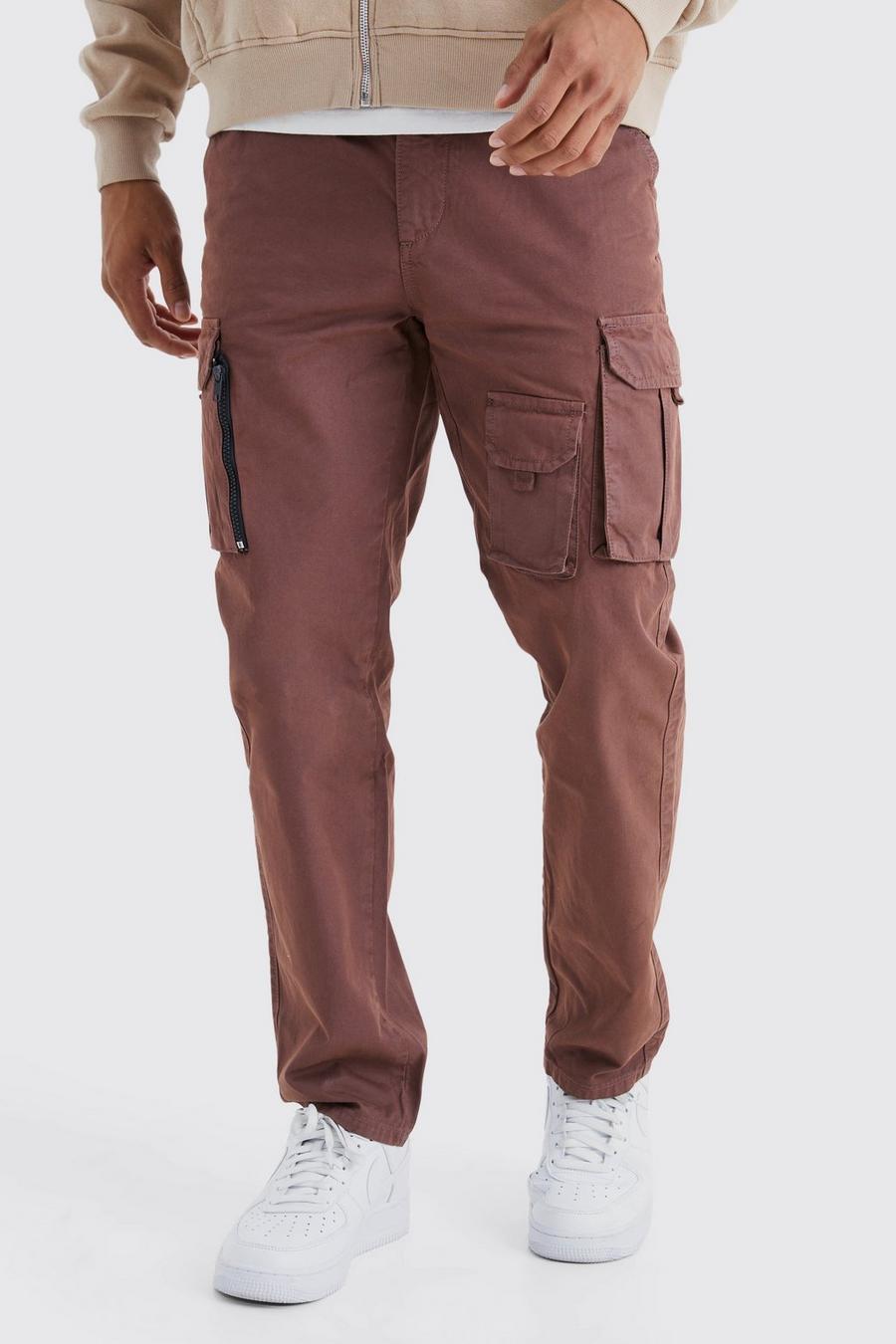 Chocolate Straight Leg Multi Cargo Trouser With Woven Tab