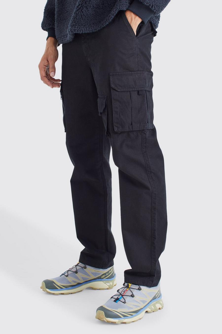 Black Straight Leg Multi Cargo Trouser With Woven Tab image number 1