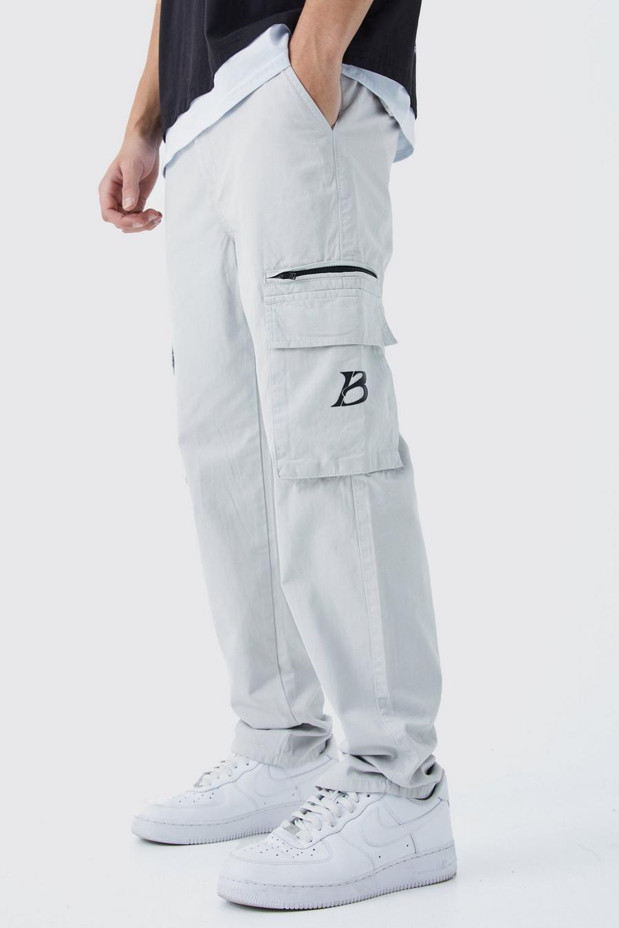 Pantalón cargo de pernera recta con cremallera y marca de talla alta, Slate image number 1
