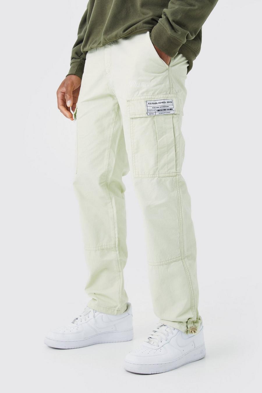 Pantaloni Cargo dritti in nylon ripstop, zip ed etichetta in tessuto, Sage
