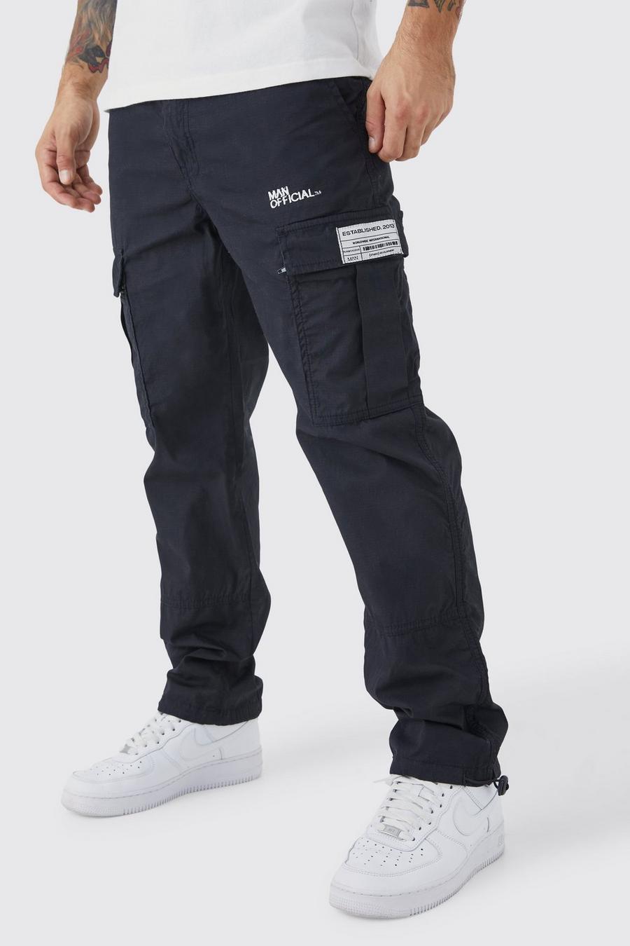 Black Straight Leg Zip Cargo Ripstop Pants With Woven Tab