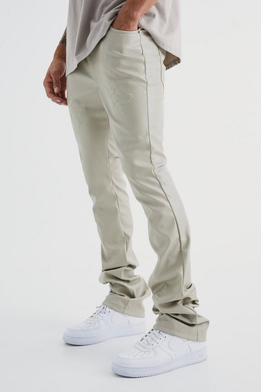Pantaloni a zampa Skinny Fit in PU con applique, vita fissa e pieghe sul fondo, Stone image number 1