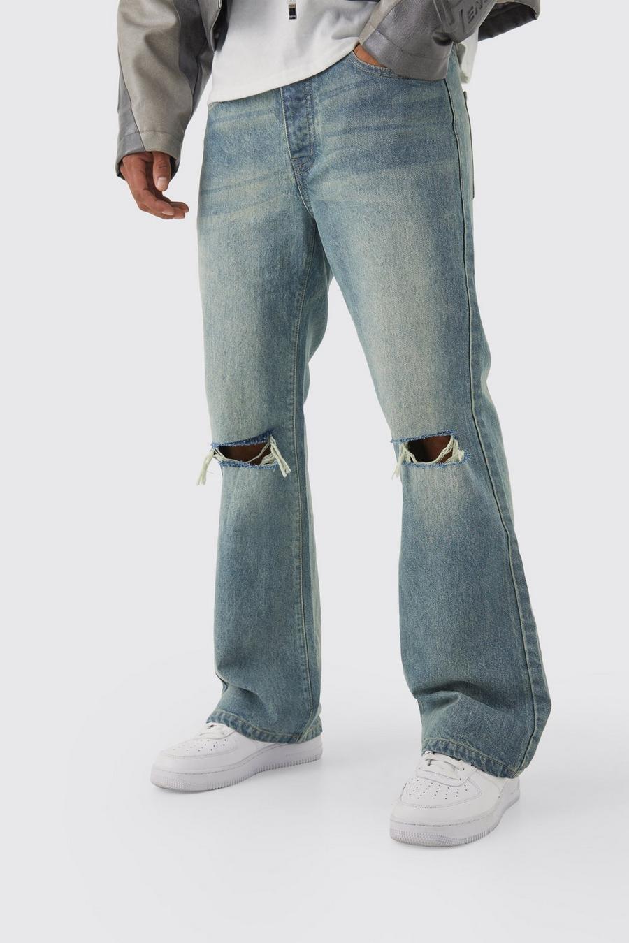 Jeans a zampa rilassati in denim rigido con strappi sul ginocchio, Antique blue