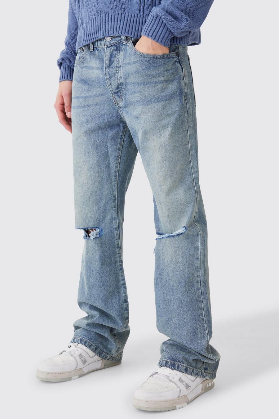 Jeans a zampa rilassati in denim rigido con strappi sul ginocchio, Antique blue image number 1