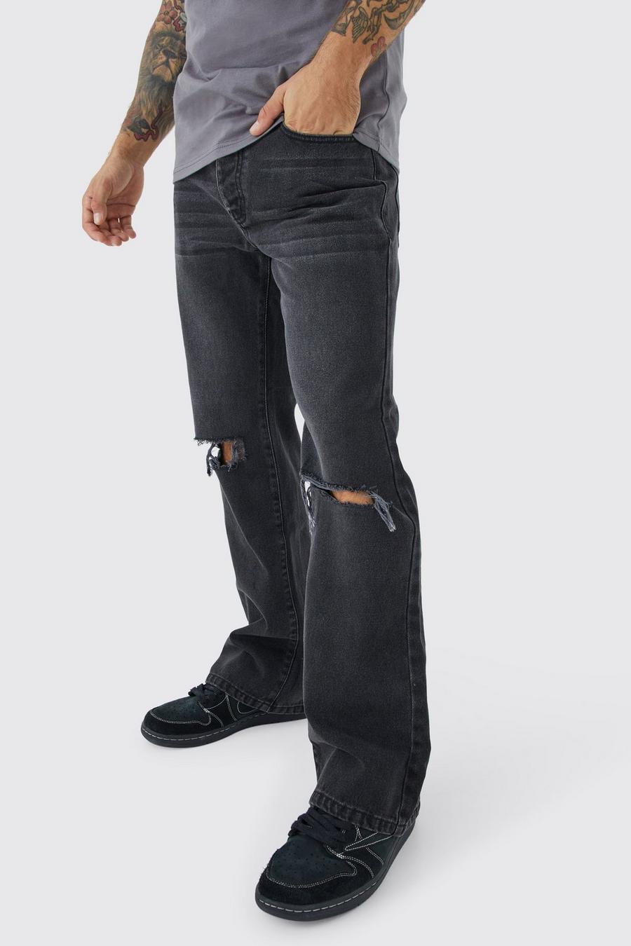 Jeans a zampa rilassati in denim rigido con strappi sul ginocchio, Washed black