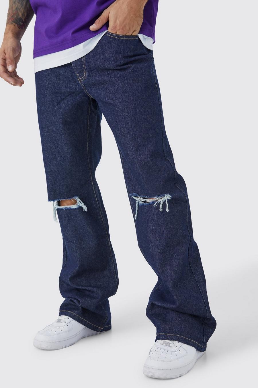 Jeans a zampa rilassati in denim rigido con strappi sul ginocchio, Indigo image number 1