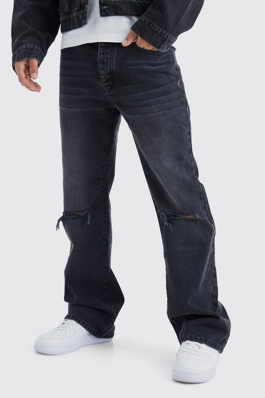 Washed black Relaxed Rigid Flare Jean With Knee Rips