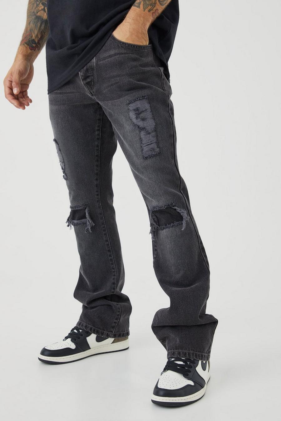 Jeans a zampa Slim Fit con strappi & rattoppi, Charcoal