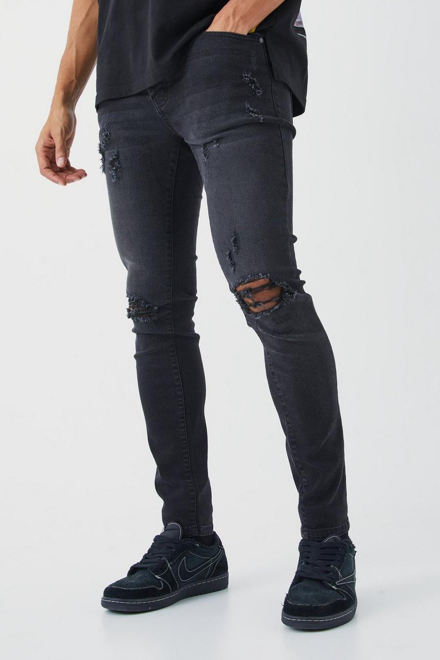 Jeans Skinny Fit Stretch con strappi estremi sul ginocchio, Washed black