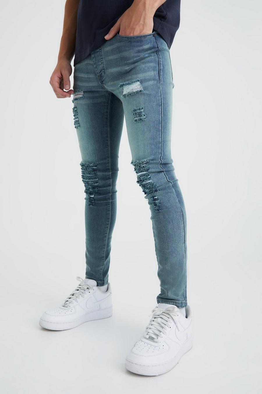 Mid blue Super Skinny Jeans With All Over Rips image number 1