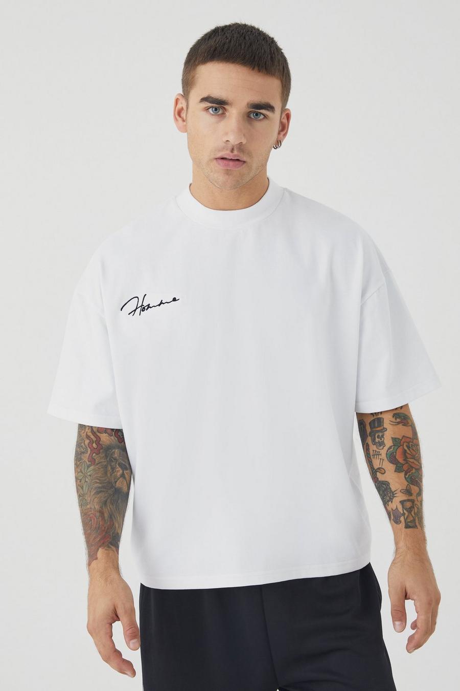 White Oversized Boxy Heavyweight Peached Embroidered T-shirt image number 1